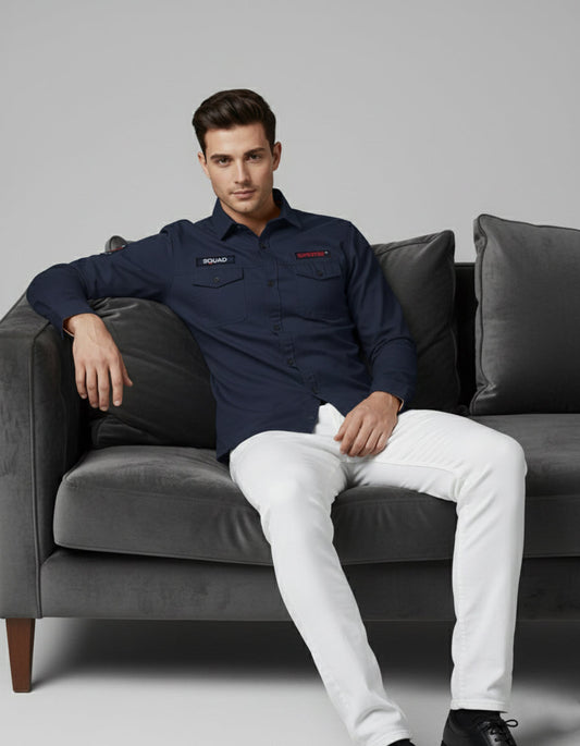 Utility Style Navy Shirt with 'Squad' Patches | Button-Down Casual Wear