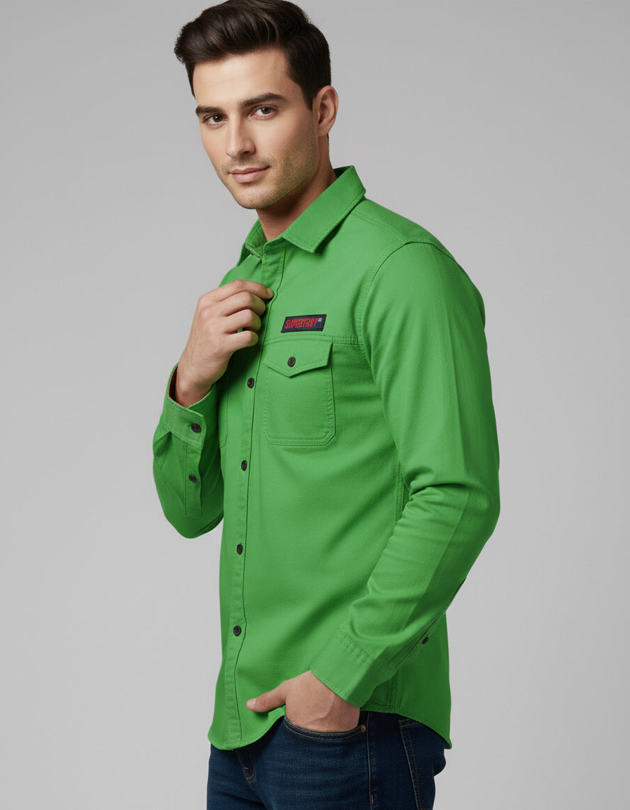 Vibrant Green Cotton Casual Shirt with Chest Pocket & Appliqués