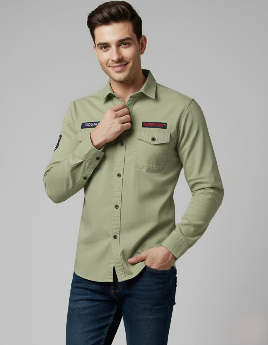 Light Olive Slim Fit Utility Shirt with Chest Pockets