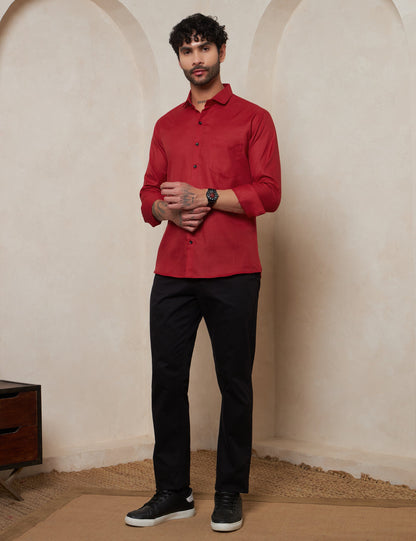 Men's Ruby Red Structured Spread Collar Cotton Shirt