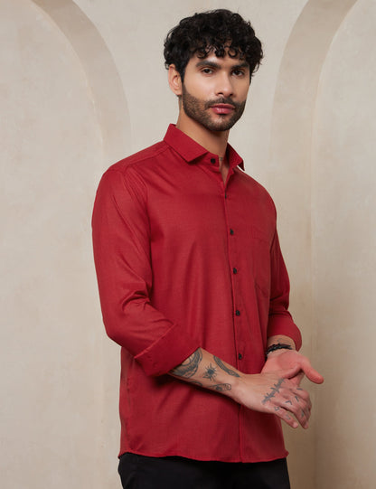 Men's Ruby Red Structured Spread Collar Cotton Shirt