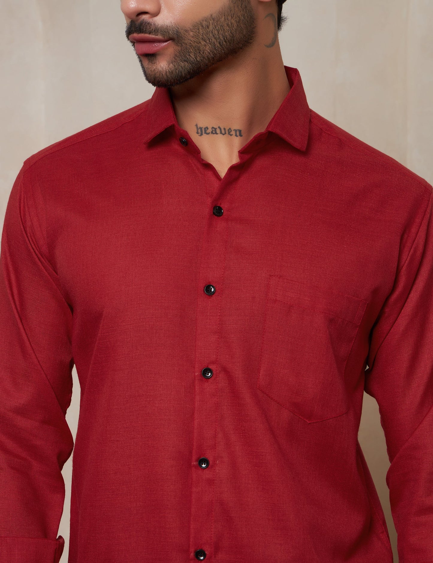 Men's Ruby Red Structured Spread Collar Cotton Shirt