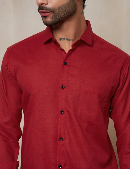 Men's Ruby Red Structured Spread Collar Cotton Shirt