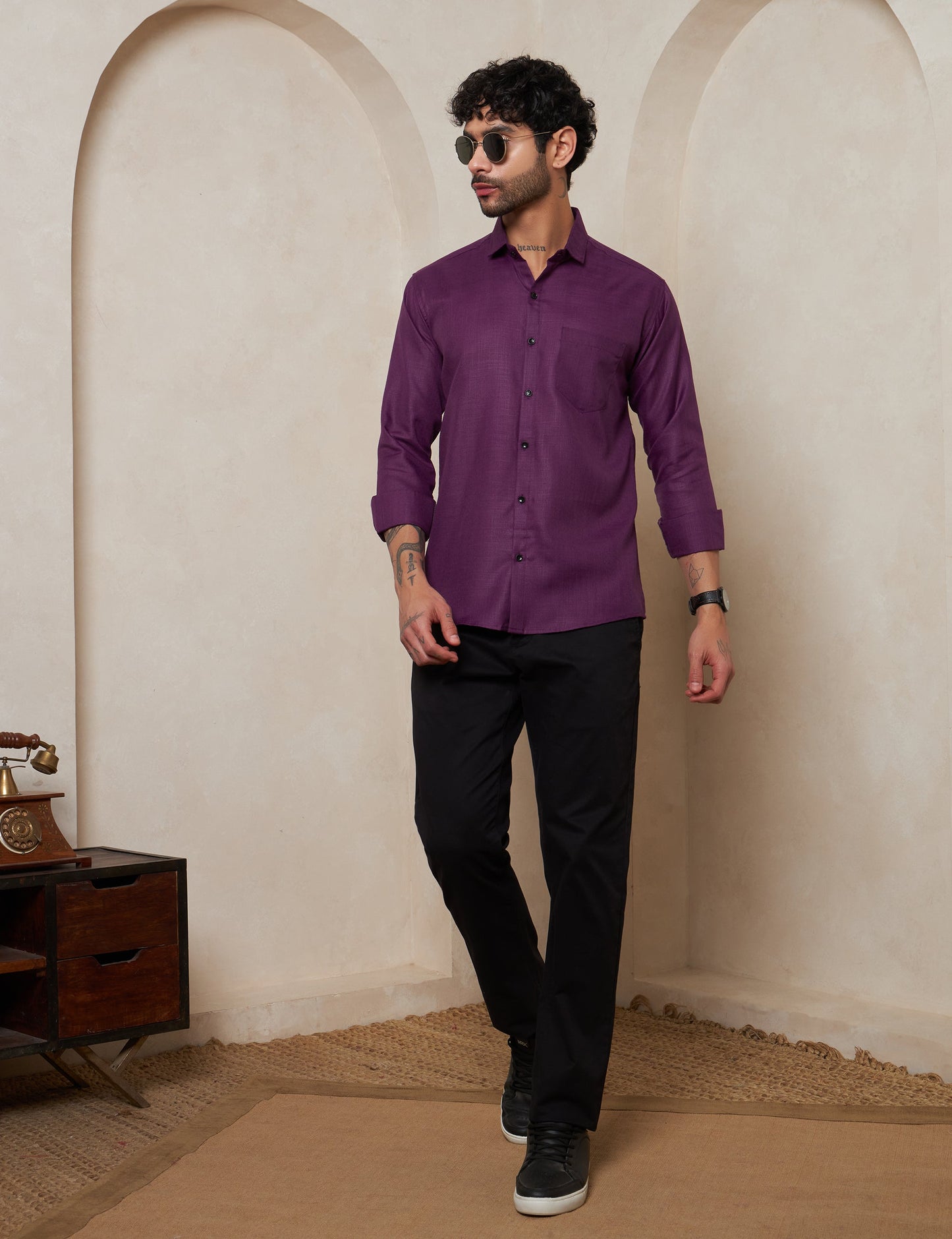Men’s Deep Plum Purple Textured Cotton Formal Shirt