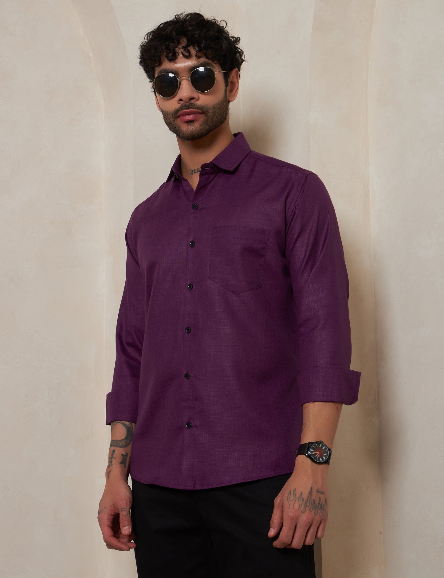 Men’s Deep Plum Purple Textured Cotton Formal Shirt