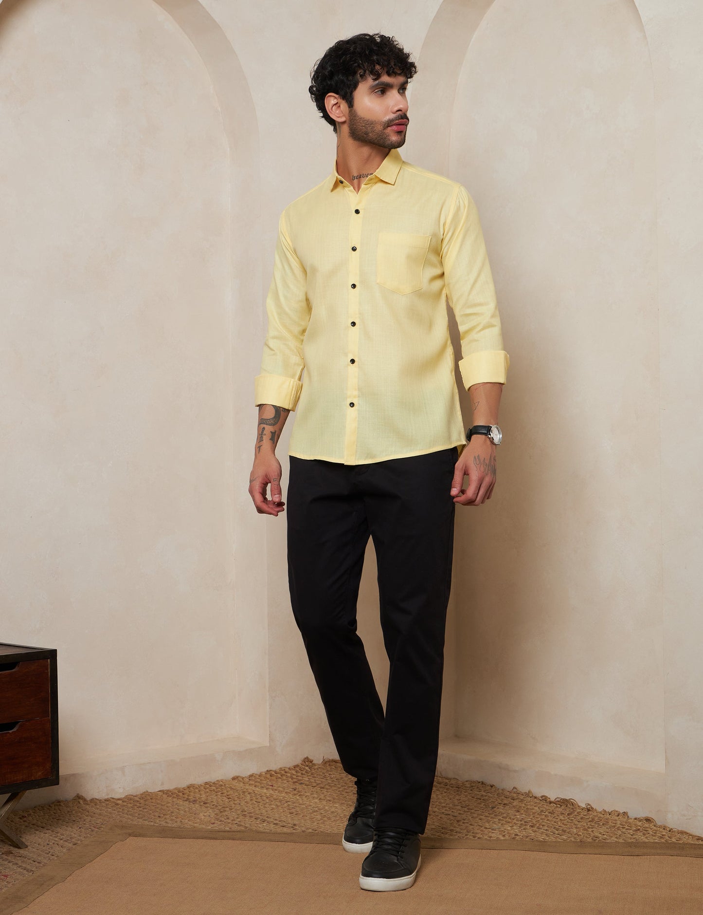Pastel Yellow Solid Button-Down Shirt with Contrast Buttons