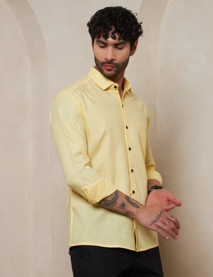 Pastel Yellow Solid Button-Down Shirt with Contrast Buttons