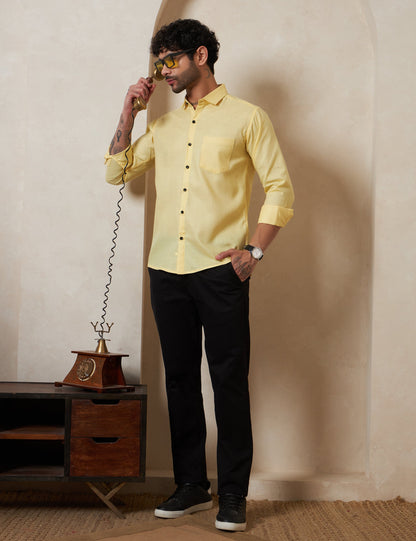 Pastel Yellow Solid Button-Down Shirt with Contrast Buttons