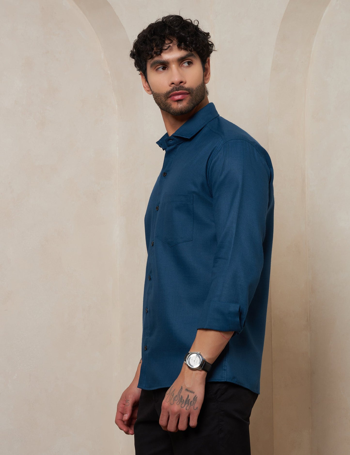 Men’s Slim Fit Teal Blue Textured Cotton Formal Shirt