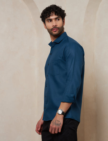 Men’s Slim Fit Teal Blue Textured Cotton Formal Shirt