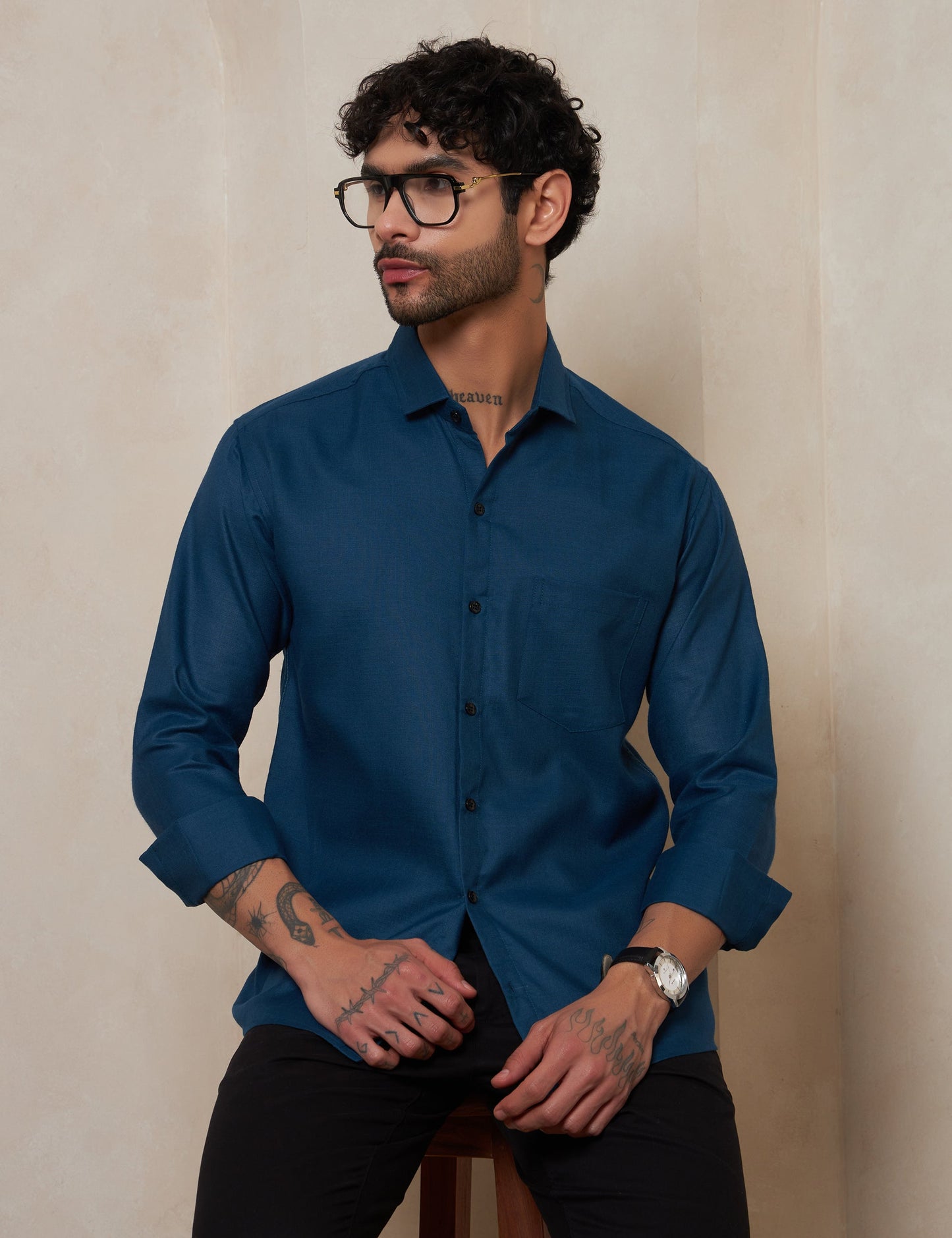 Men’s Slim Fit Teal Blue Textured Cotton Formal Shirt