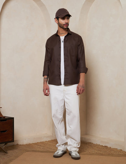 Espresso Textured Cotton Shirt with Mitered Cuffs