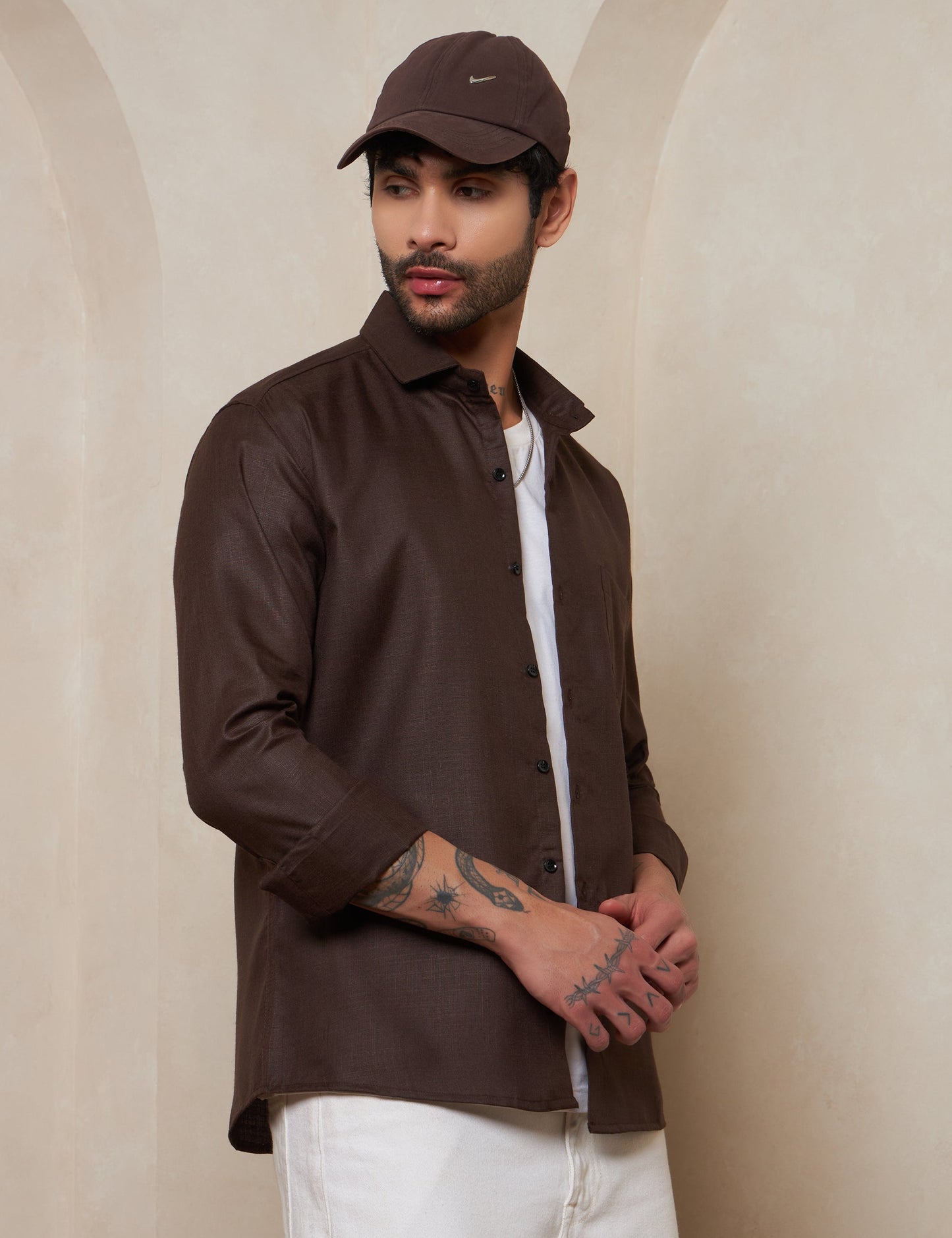 Espresso Textured Cotton Shirt with Mitered Cuffs
