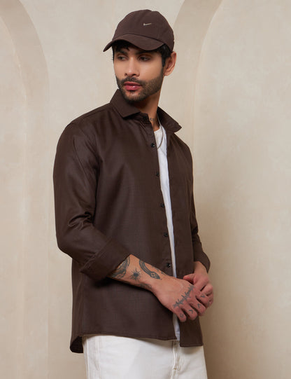 Espresso Textured Cotton Shirt with Mitered Cuffs