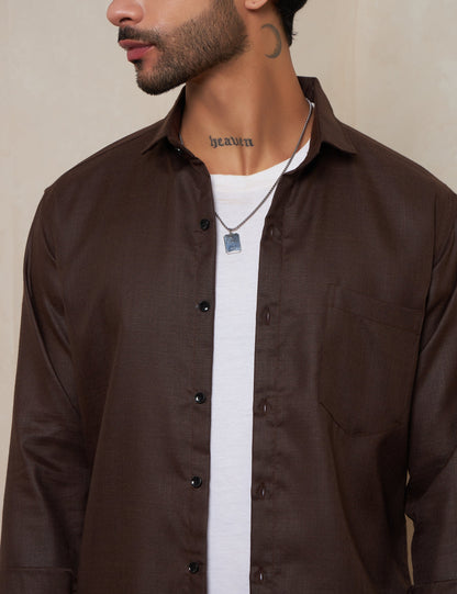 Espresso Textured Cotton Shirt with Mitered Cuffs