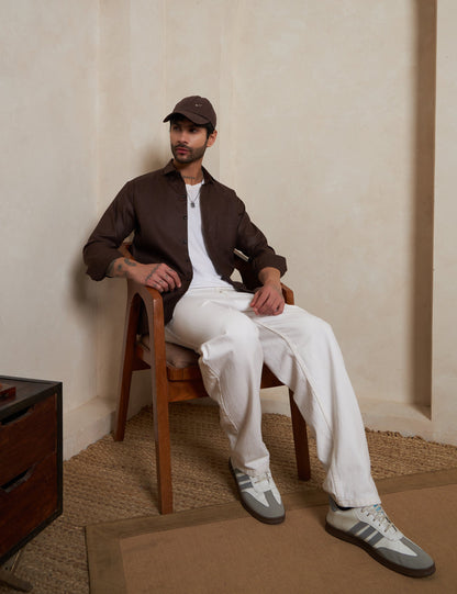 Espresso Textured Cotton Shirt with Mitered Cuffs