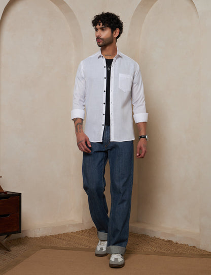 Men’s White Solid Linen-Look Casual Shirt with Contrast Buttons