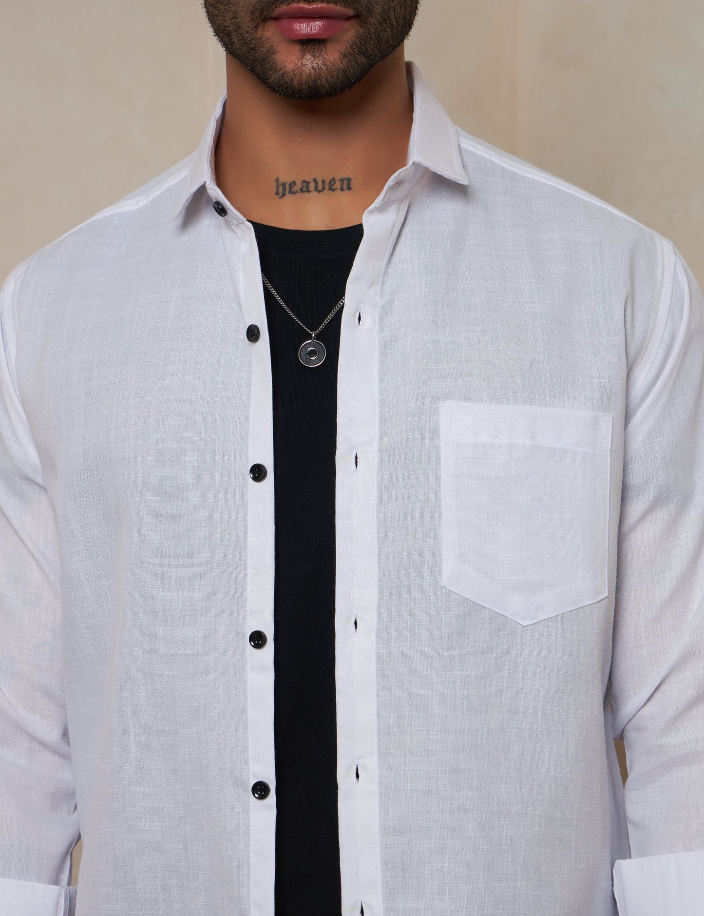 Men’s White Solid Linen-Look Casual Shirt with Contrast Buttons