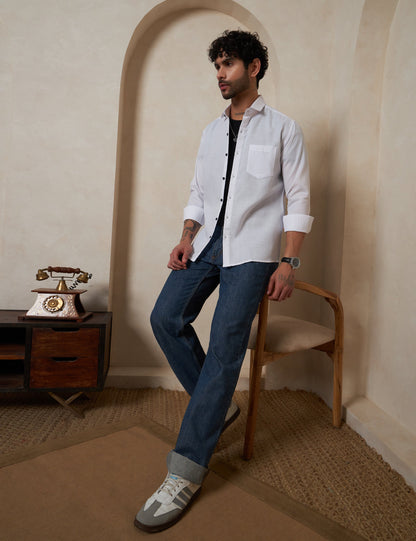 Men’s White Solid Linen-Look Casual Shirt with Contrast Buttons