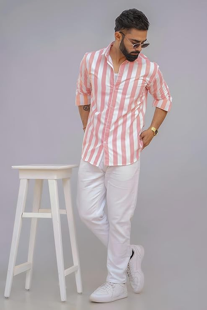 Slim Fit Striped Spread Collar Casual Shirt