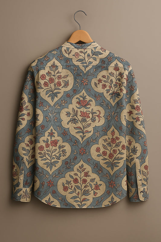 Vintage Persian Damask Band Collar Shirt