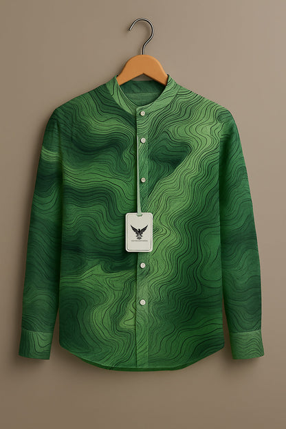 Green Wavy Contour Stand Collar Shirt