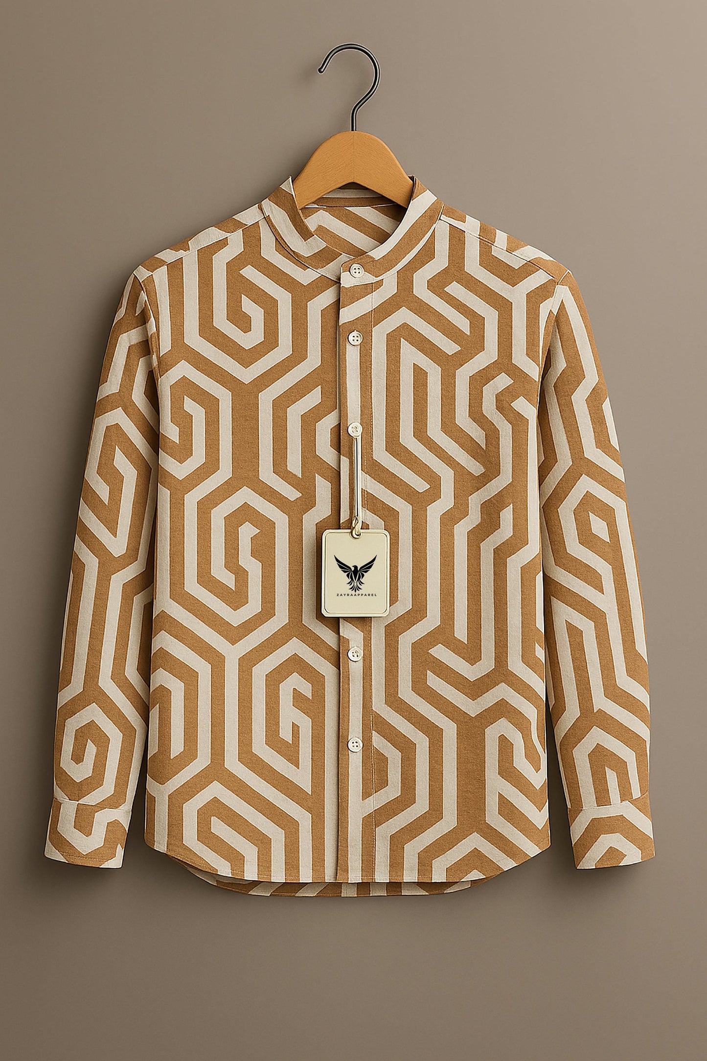 Retro Hexagon Pattern Mandarin Collar Full Sleeve Shirt