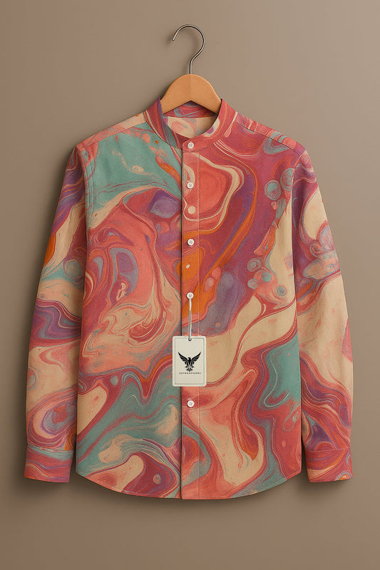 Men's Sunset Abstract Marble Print Band Collar Shirt