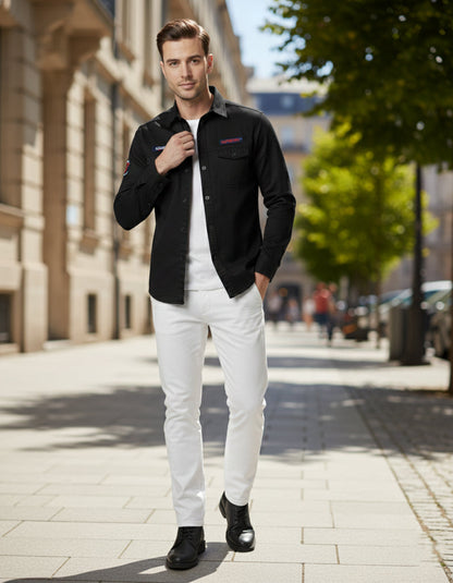 Men's Black Slim Fit Casual Shirt with Utility Pockets & Patches