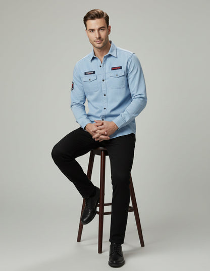 The Vintage Wash Light Blue Casual Shirt | Patched Utility Style