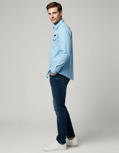 The Vintage Wash Light Blue Casual Shirt | Patched Utility Style