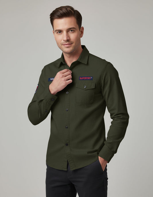 The Field Commander Olive Casual Shirt | Patched Utility Style