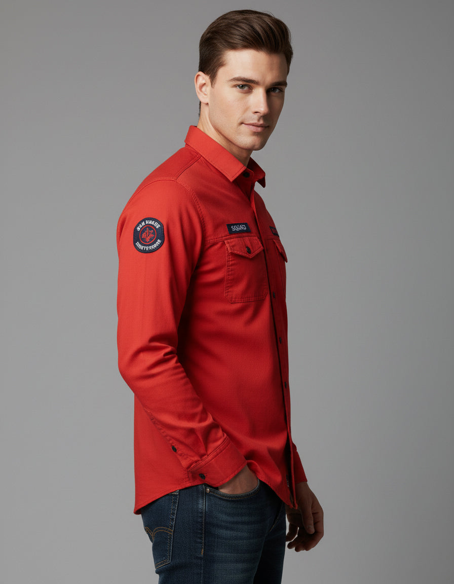 Utility Style Red Shirt with 'Squad' Patches | Button-Down Casual Wear
