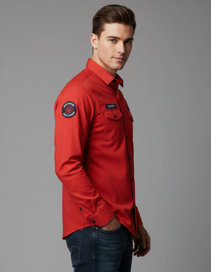 Utility Style Red Shirt with 'Squad' Patches | Button-Down Casual Wear