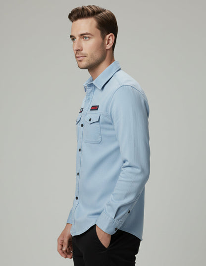 The Vintage Wash Light Blue Casual Shirt | Patched Utility Style