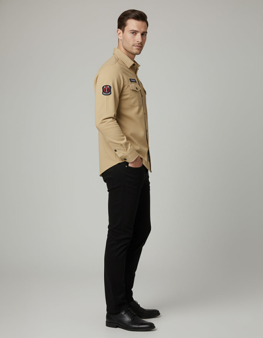 Khaki Designer Casual Shirt for Men | Tactical Patches | Full Sleeve Slim Fit