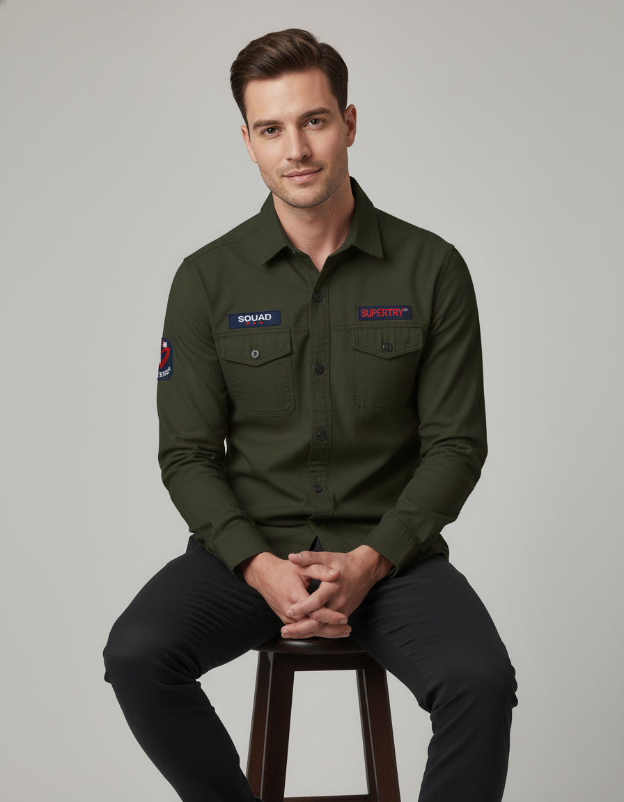 The Field Commander Olive Casual Shirt | Patched Utility Style