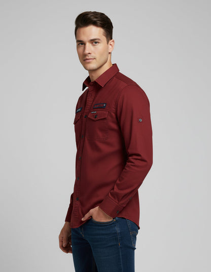 Men's Maroon Full Sleeve Casual Shirt with Patches