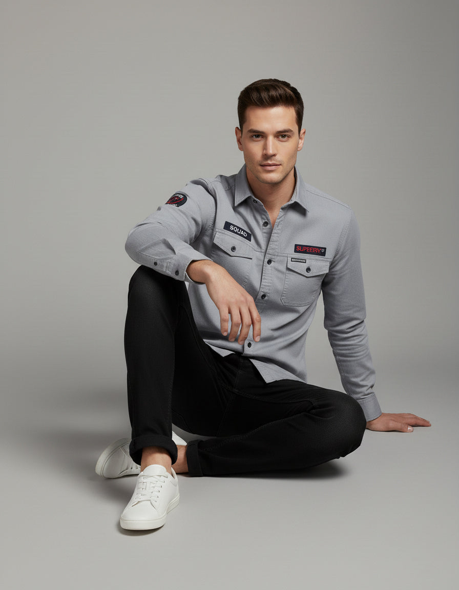 Men's Slim Fit Grey Casual Shirt | Utility Pockets & Tactical Patches
