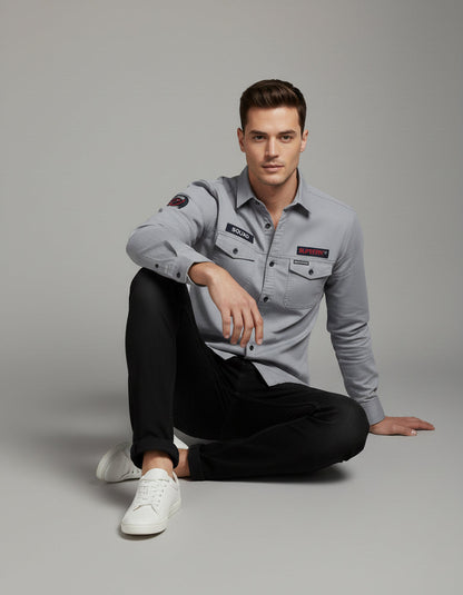 Men's Slim Fit Grey Casual Shirt | Utility Pockets & Tactical Patches