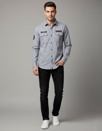 Men's Slim Fit Grey Casual Shirt | Utility Pockets & Tactical Patches