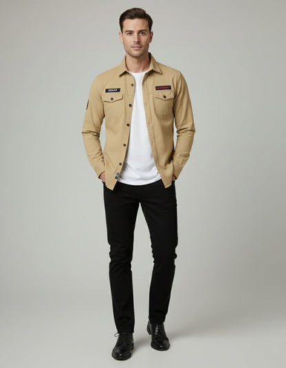 Khaki Designer Casual Shirt for Men | Tactical Patches | Full Sleeve Slim Fit