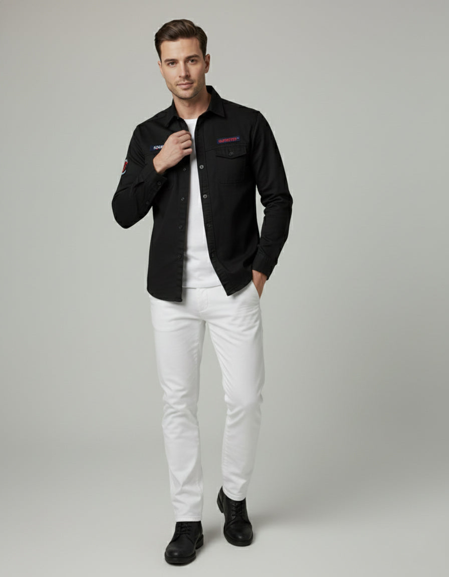 Men's Black Slim Fit Casual Shirt with Utility Pockets & Patches