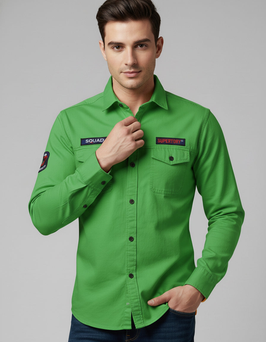 Vibrant Green Cotton Casual Shirt with Chest Pocket & Appliqués