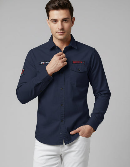 Utility Style Navy Shirt with 'Squad' Patches | Button-Down Casual Wear