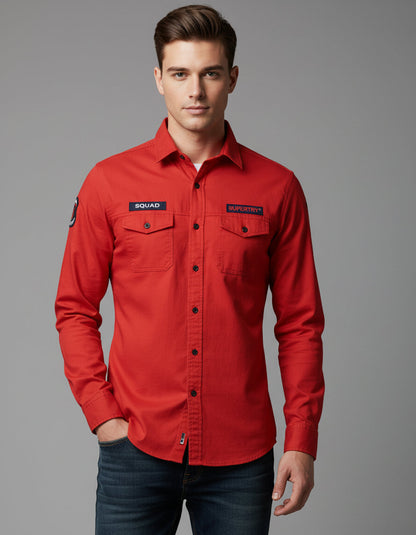 Utility Style Red Shirt with 'Squad' Patches | Button-Down Casual Wear