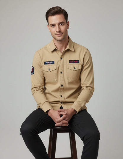 Khaki Designer Casual Shirt for Men | Tactical Patches | Full Sleeve Slim Fit