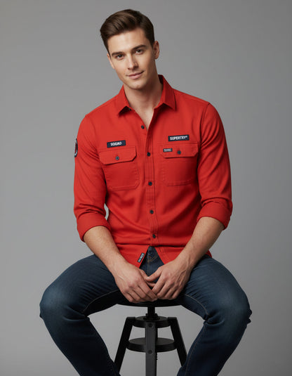 Utility Style Red Shirt with 'Squad' Patches | Button-Down Casual Wear
