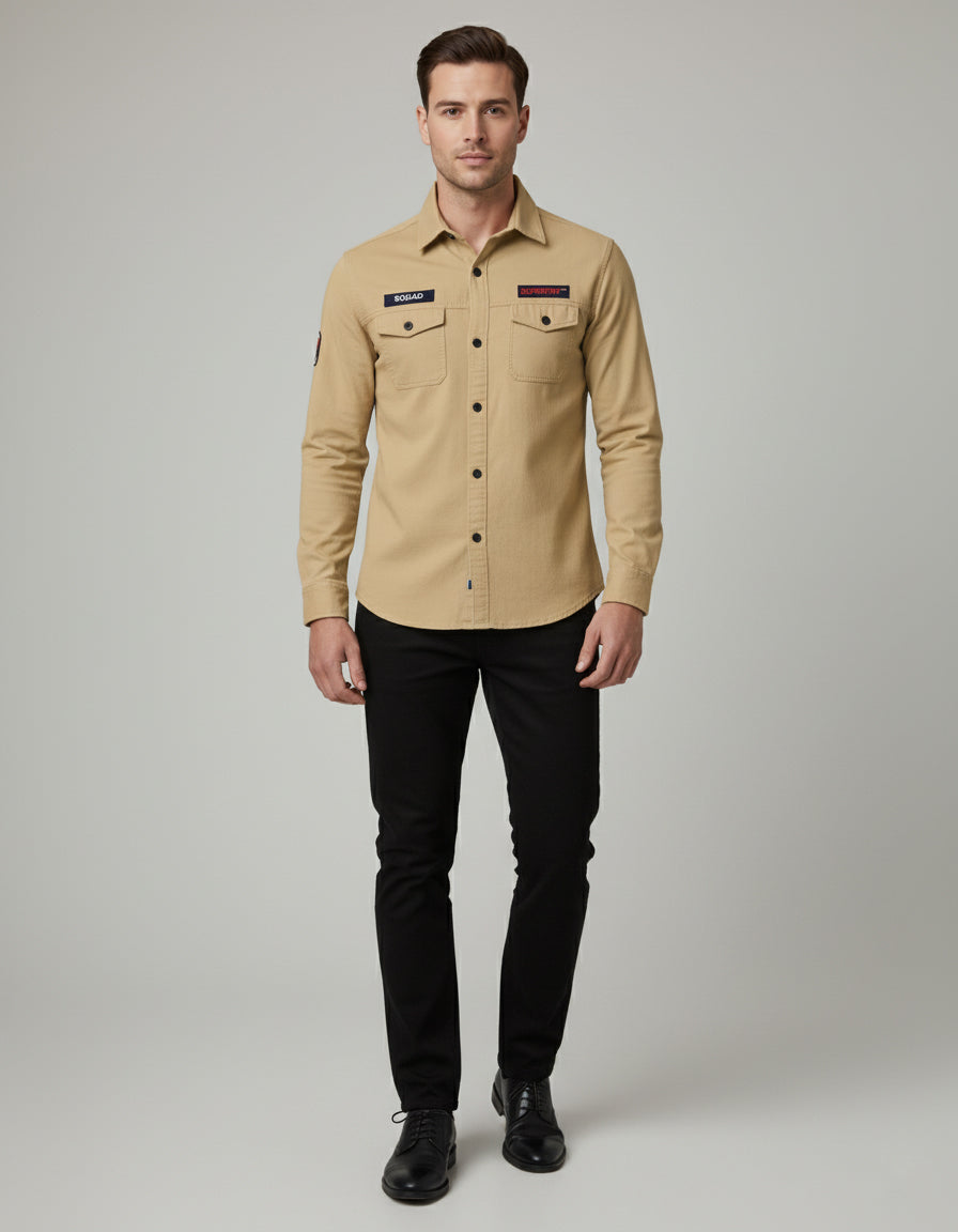 Khaki Designer Casual Shirt for Men | Tactical Patches | Full Sleeve Slim Fit