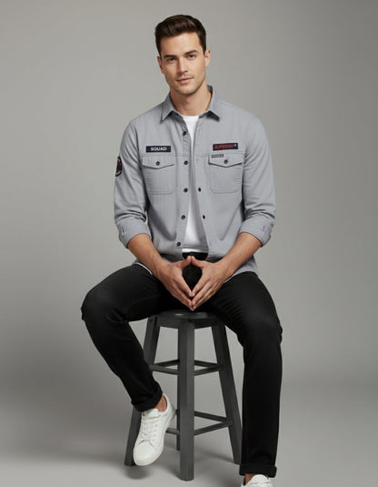 Men's Slim Fit Grey Casual Shirt | Utility Pockets & Tactical Patches